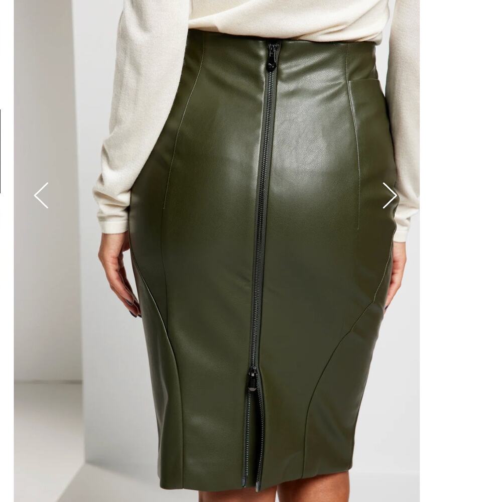 LULY YANG | Vegan Leather Pencil Skirt Olivine Olive Green 2-Way Zip Size Large
